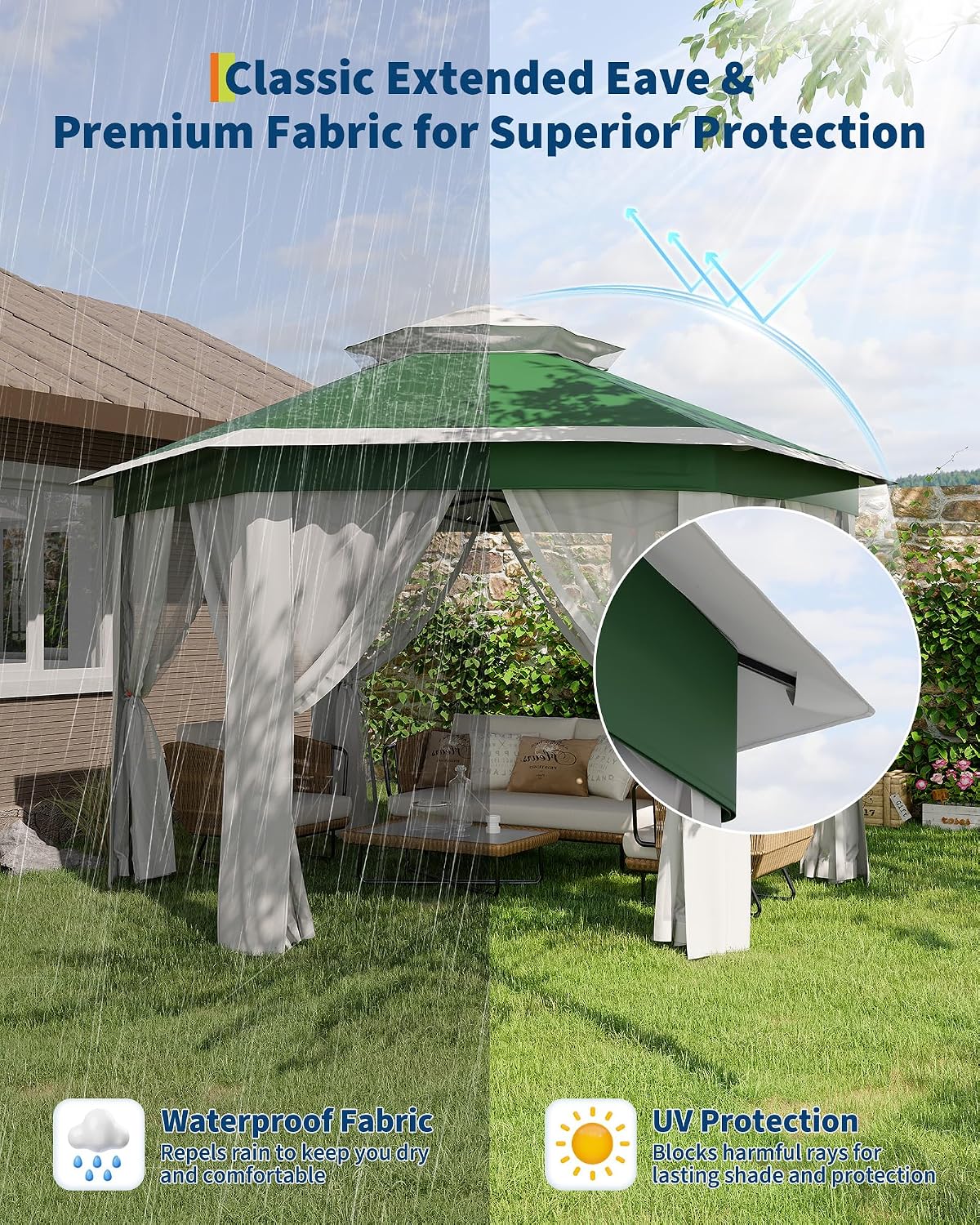 GarveeLife 13'x13' Pop-Up Gazebo, Outdoor Hexagonal Patio Gazebo with Mosquito Netting, Instant Setup Canopy Tent with Strong Steel Frame and Sandbags, for Backyard, Gardens, Patio (Green)