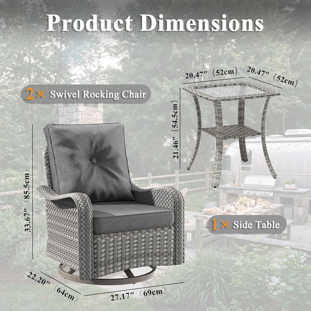 2-Seat Modern Patio Furniture Set with Swivel Rocking Chairs, Thick 4″ Cushions, Dual-Strand Wicker Rattan, Rust-Resistant Steel Frame – Outdoor Conversation & Modular Sectional,Black