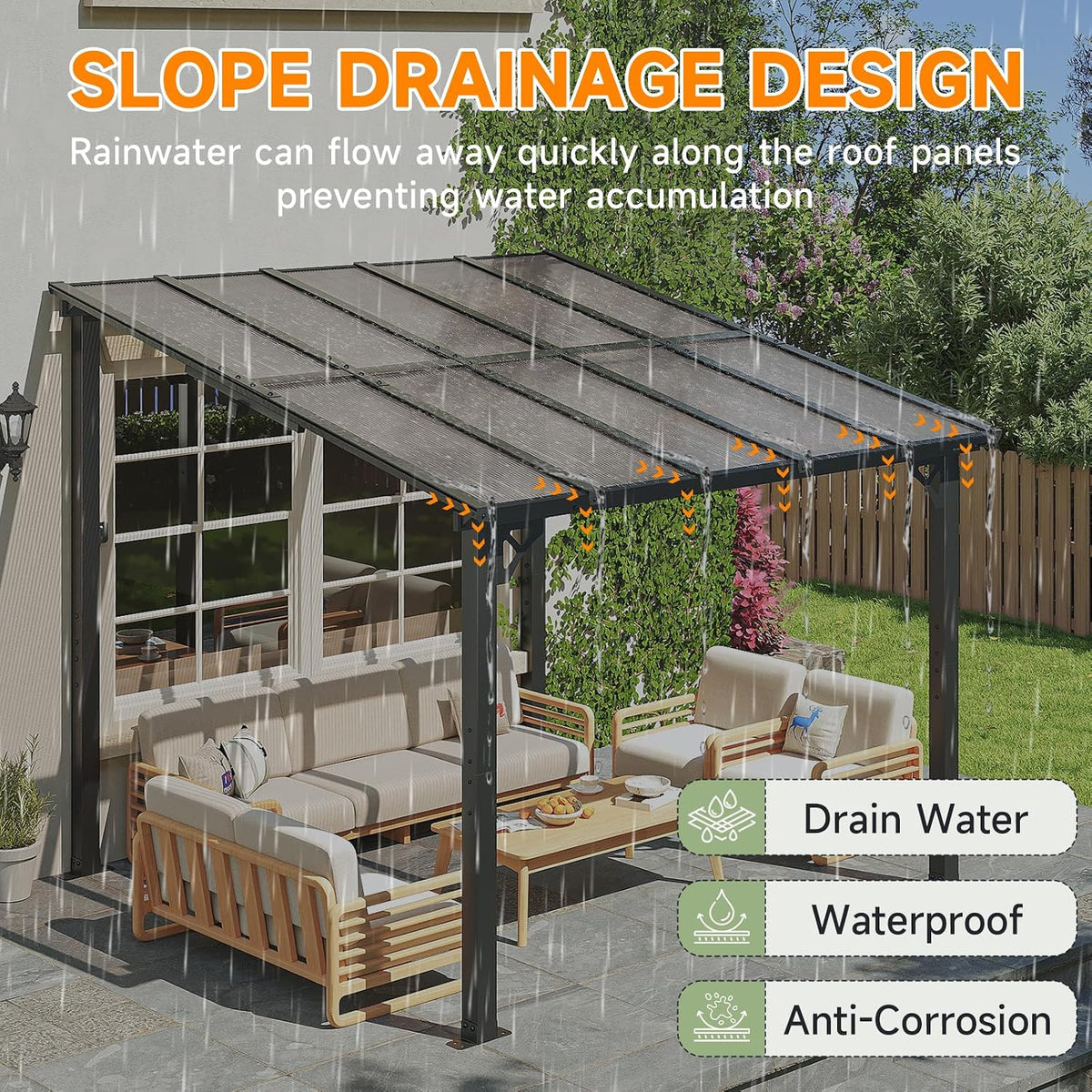 10x10FT Lean to Gazebo, Hardtop Metal Pergola with Polycarbonate Roof, Large Wall Mounted Heavy Duty Awnings, Patio Canopy for Backyard, Deck, Porch