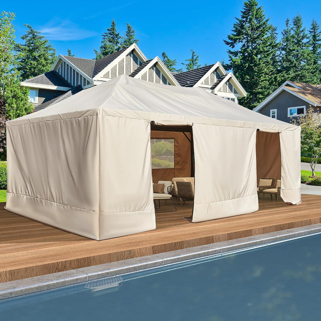 EROMMY Gazebo Cover for 12x20 Gazebos, Outdoor Winter Cover with Sidewalls and Mesh Windows, Convert into Storage Space, Beige