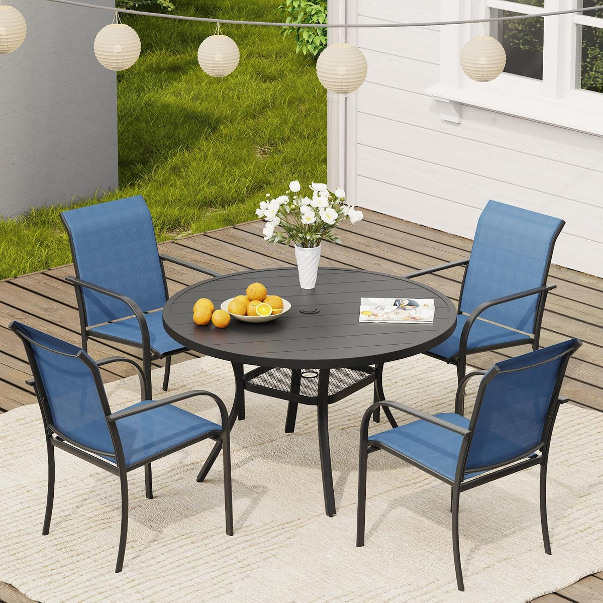 VICLLAX Round Outdoor Dining Set, Patio Table and Chairs Set Set of 4 Patio Stackable Chairs and 40.6' Outdoor Round Table with Umbrella Hole for Backyard Lawn Garden, Blue Chairs and Black Table