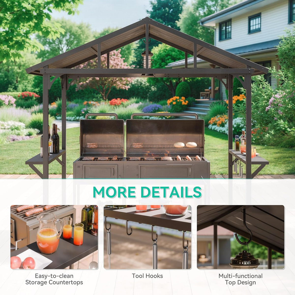 Kurapika 8' x 5' Hardtop BBQ Grill Outdoor Gazebo,Waterproof Sloping Roof, Bar with Tool Hooks, Smoke-Venting Iron Canopy for Patio, Yard,Garden, Family Party