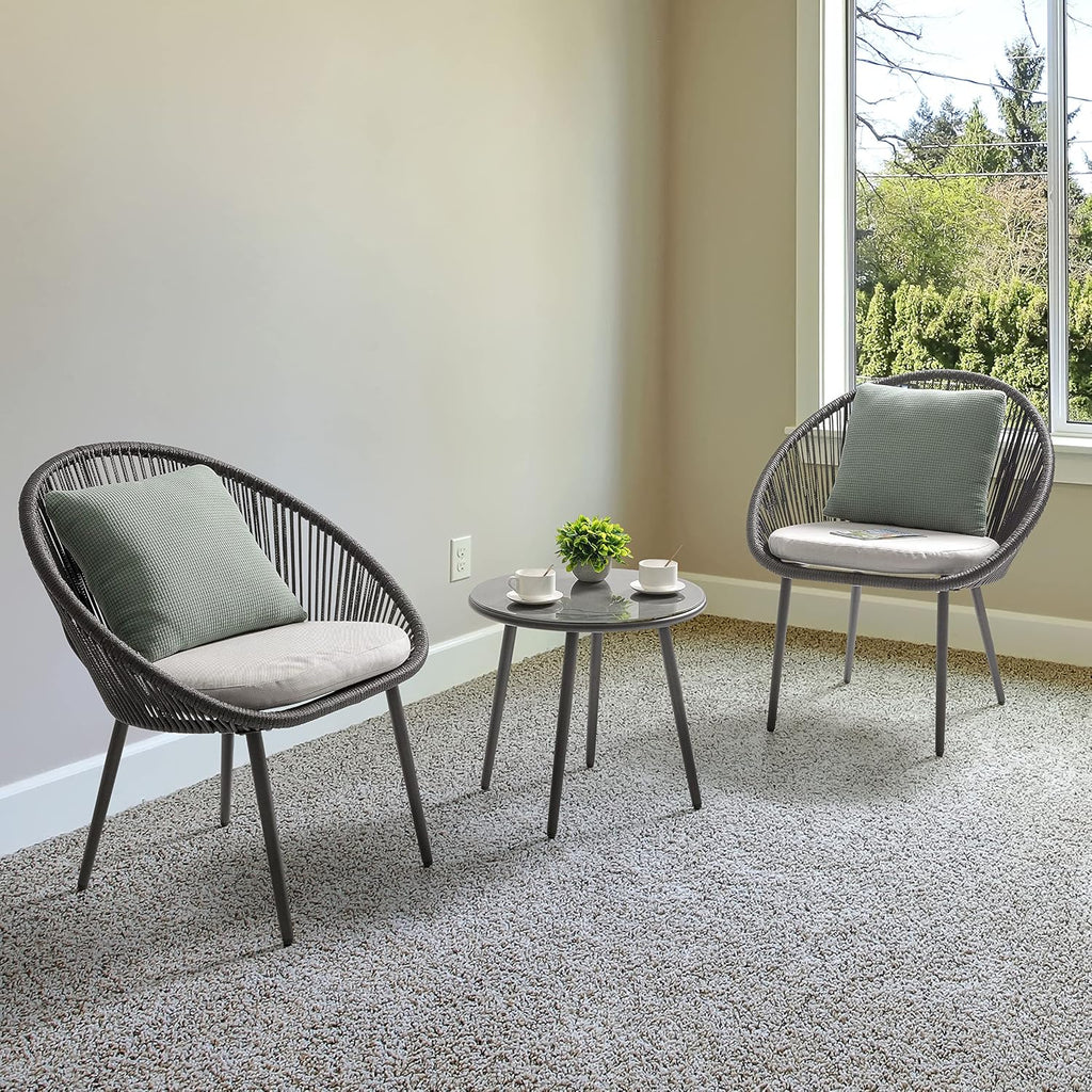 NUU GARDEN 3 Piece Outdoor Bistro Set, Woven Rope Conversation Patio Set, All Weather Patio Furniture Chairs and Table with Cushions for Garden, Deck, Backyard, Balcony, Porch, Dark Gray