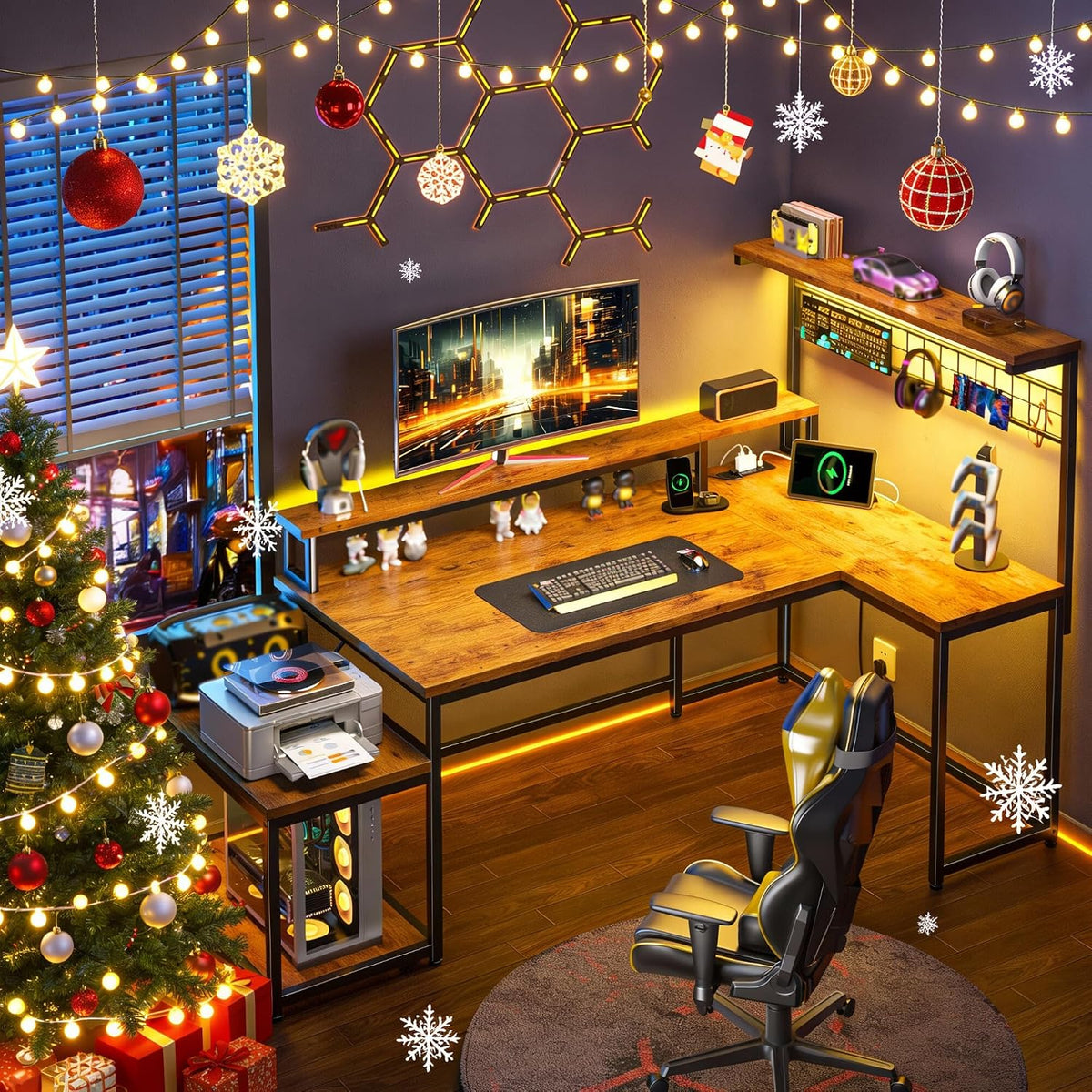 Gaming Desk with Shelves & Hooks, 63.5'L Shaped Computer Desk with LED Lights & Power Outlets & Monitor Stand and Printer Space for Home Office, Writing Desk of Bedroom, Living Room, Rustic Brown