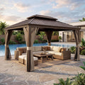 LAUSAINT HOME 10'x12' Hardtop Gazebo with Nettings and Curtains, Waterproof Permanent Heavy Duty Double Hard Roofs Gazebos with Brown Aluminum Frame for Lawn, Party