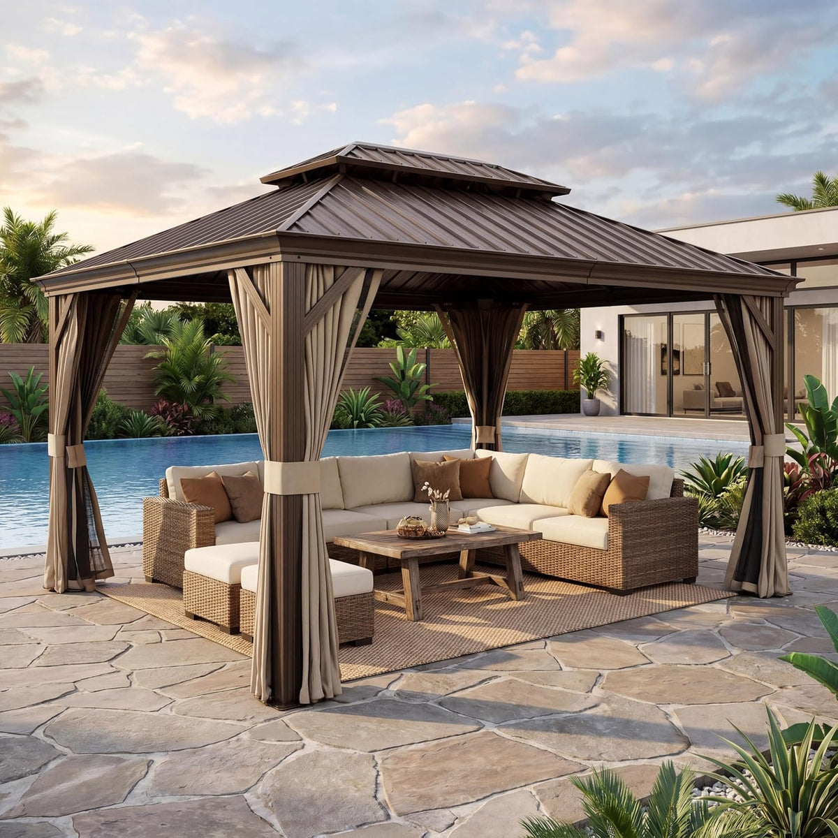 LAUSAINT HOME 10'x12' Hardtop Gazebo with Nettings and Curtains, Waterproof Permanent Heavy Duty Double Hard Roofs Gazebos with Brown Aluminum Frame for Lawn, Party