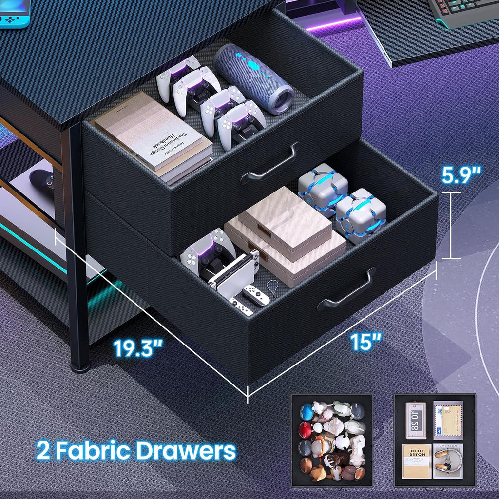 Itaar 79' Gaming Desk with 2 Fabric Drawers, Long Computer Desk with Power Strip & LED Lights, U Shaped Desks with Storage and Cup Holder, Large Gaming Table for Bedroom, Carbon Fiber Black
