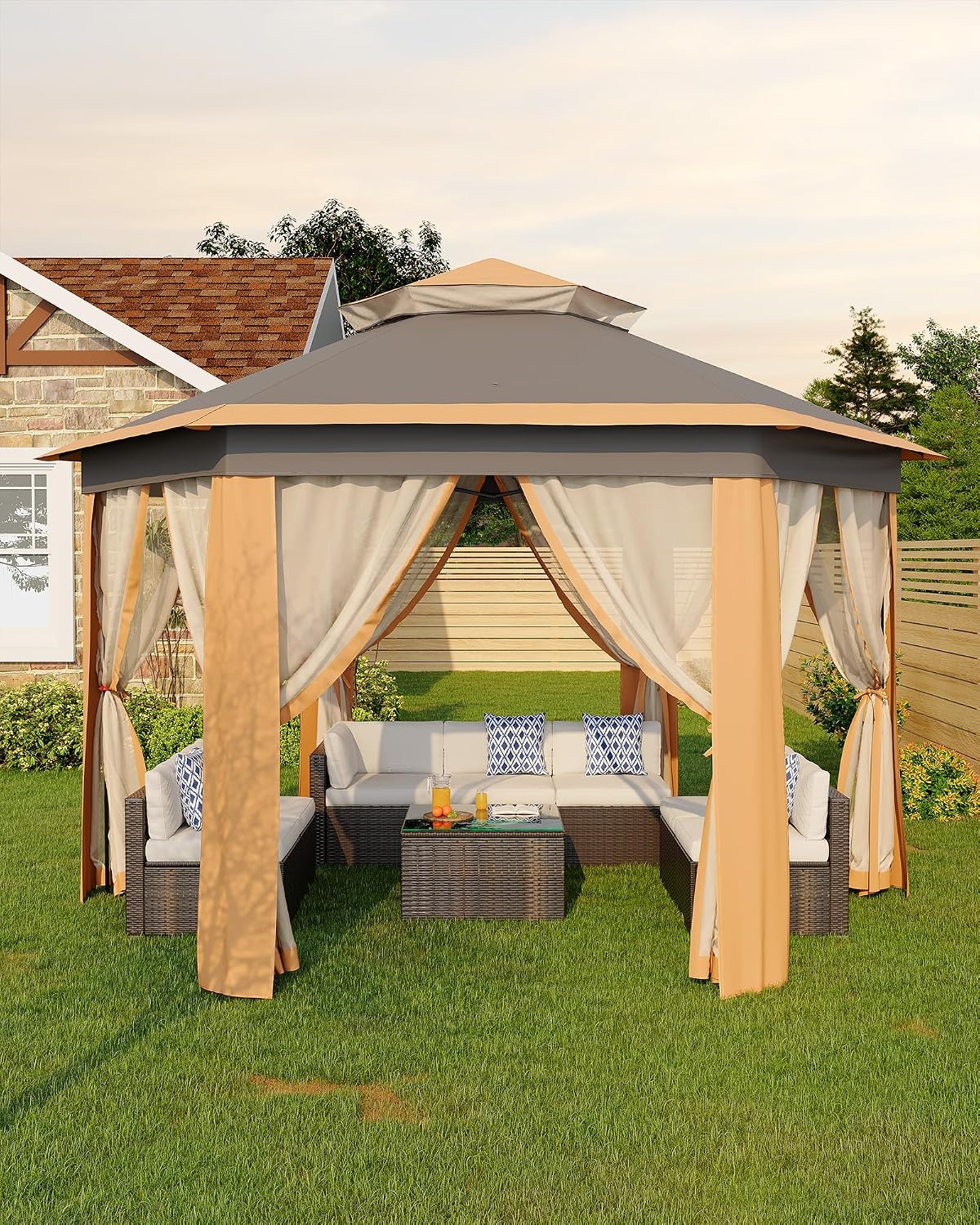 GarveeLife 13'x13' Pop-Up Gazebo, Outdoor Hexagonal Patio Gazebo with Mosquito Netting, Instant Setup Canopy Tent with Strong Steel Frame and Sandbags, for Backyard, Gardens, Patio (Khaki)
