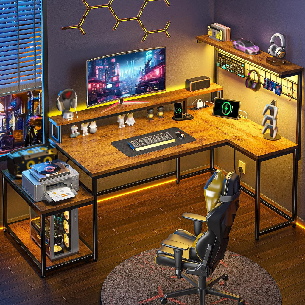 DurayLoly Gaming Desk with Shelves & Hooks, 56' L Shaped Computer Desk with LED Lights & Power Outlets & Monitor Stand and Printer Space for Home Office, Study Room, Bedroom, Rustic Brown
