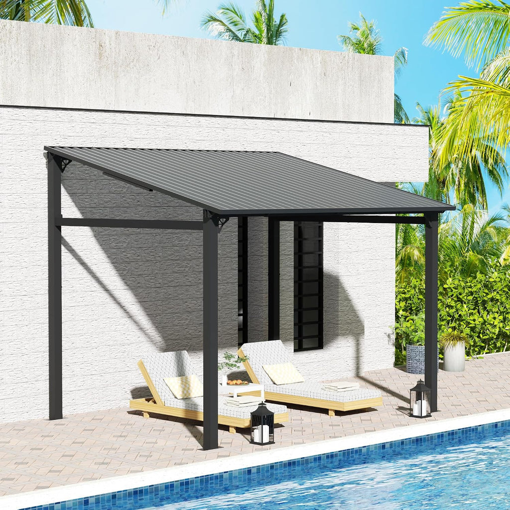 EBE 10' x 8' Outdoor Lean to Gazebo, Hardtop Wall Mounted Pergola with Sloping Galvanized Steel Roof, Lean to Metal Pergola and Gazebo Clearance for Patio, Deck, Backyard