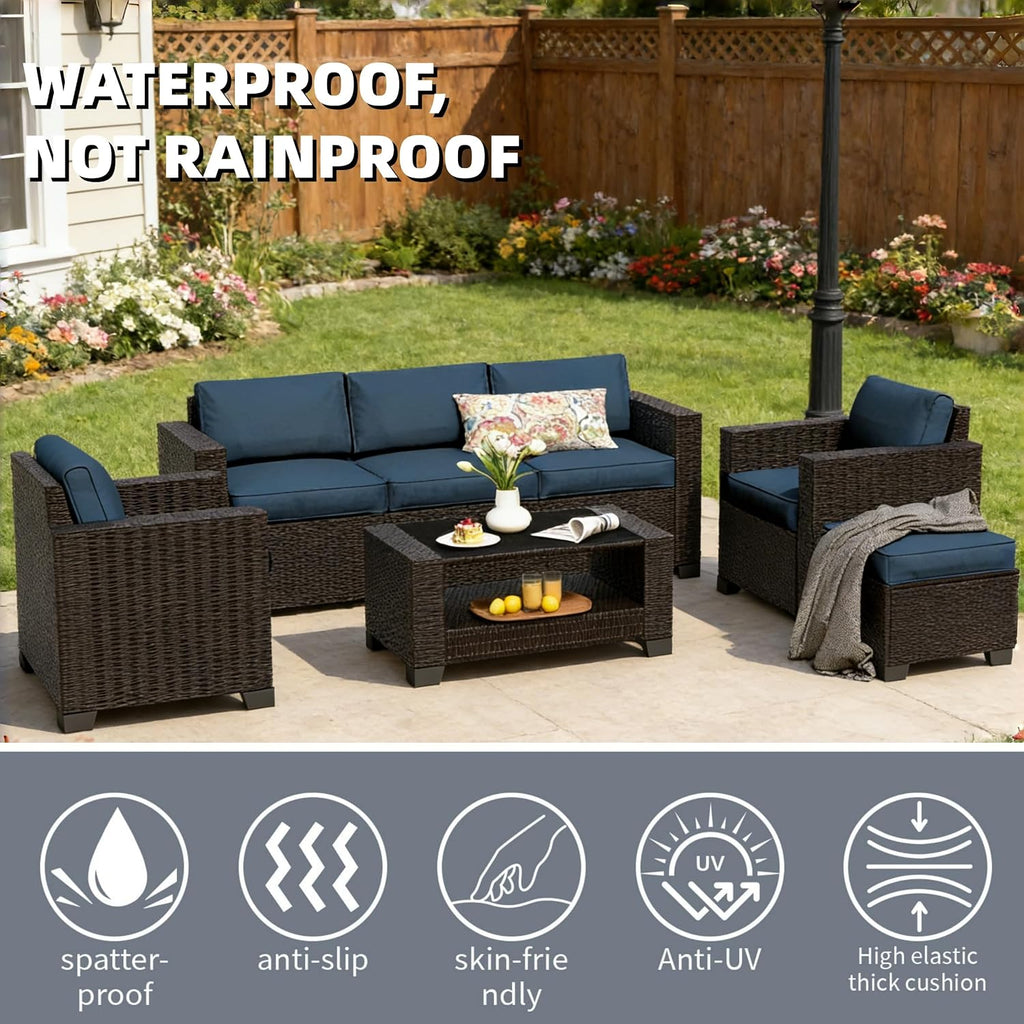 SHGJ&SOFT 7 Piece Patio Furniture Set, Wicker Outdoor Sectional Sofa with Washable Cushion Covers and Tempered Glass Table, Rattan Conversation Set for Poolside