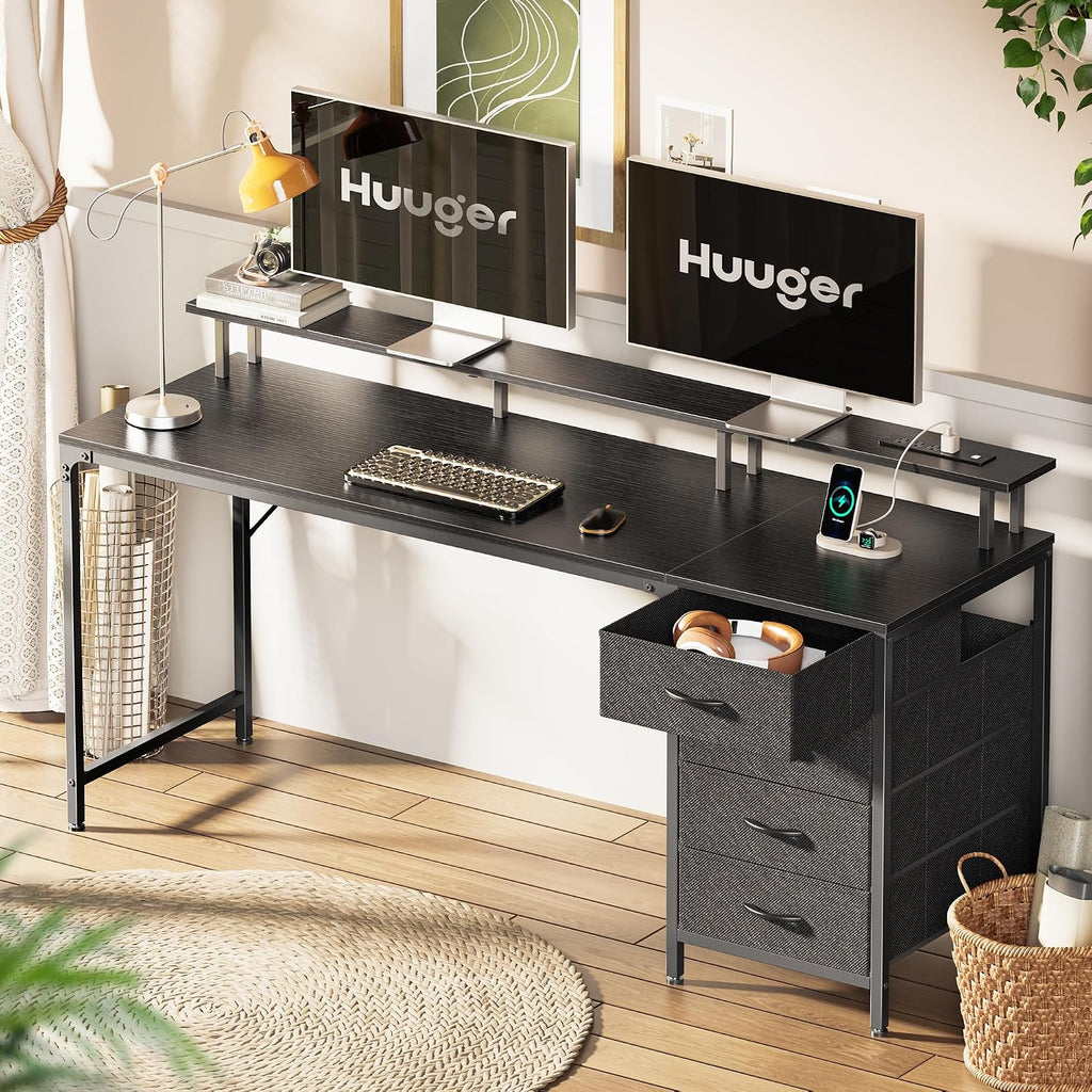 Huuger 63 Inch Computer Desk with Power Outlets and LED Lights, Gaming Desk with 4 Drawers, Office Desk with Monitor Stand, Study Desk Work Desk for Home Office, Black