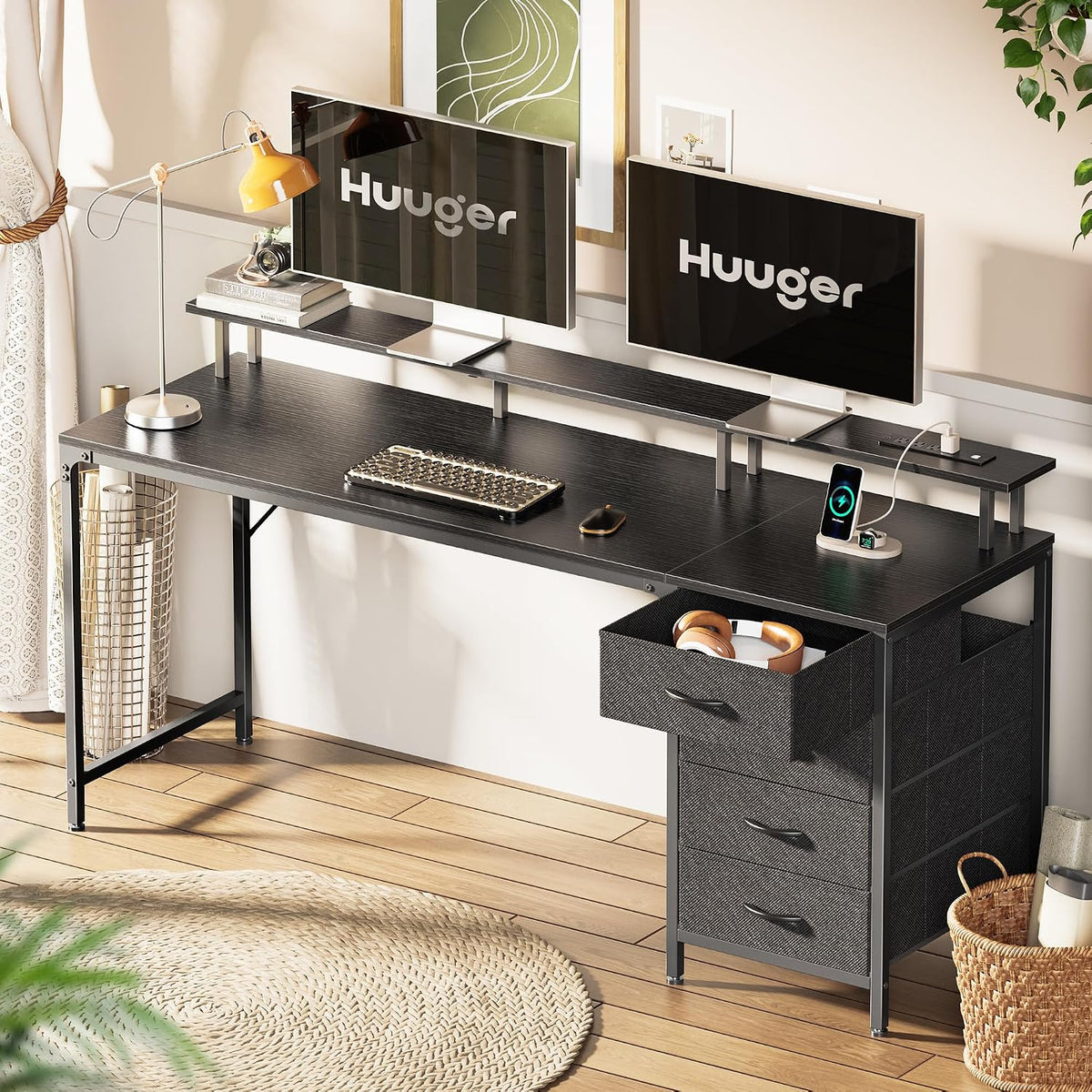 Huuger 63 Inch Computer Desk with Power Outlets and LED Lights, Gaming Desk with 4 Drawers, Office Desk with Monitor Stand, Study Desk Work Desk for Home Office, Black