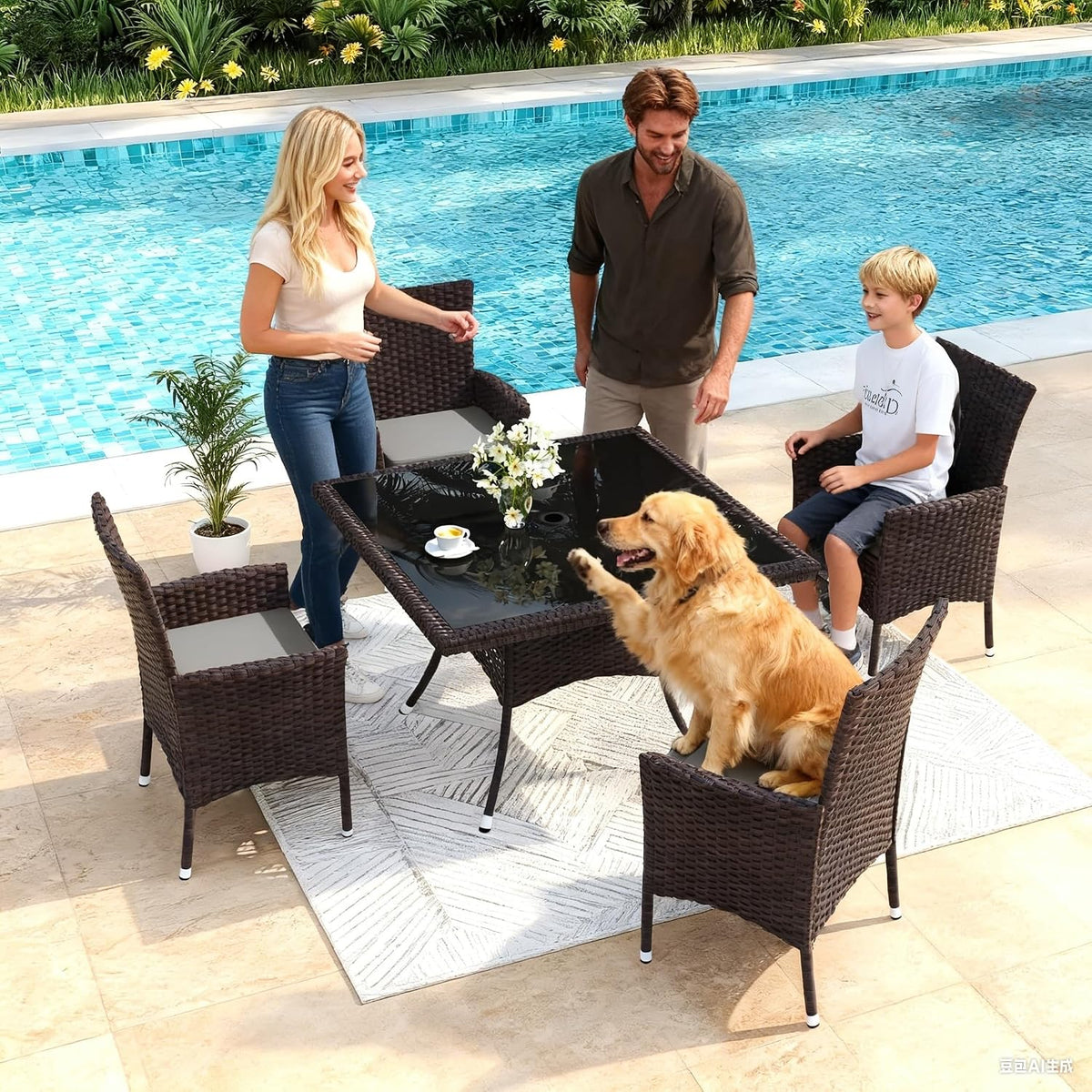Gotland 5 Piece Outdoor Dining Set, All-Weather Rattan Patio Furniture Set with Umbrella Hole Tempered Glass Square Table, Outdoor Table and Chairs with Removable Cushions for Backyard, Deck, Grey