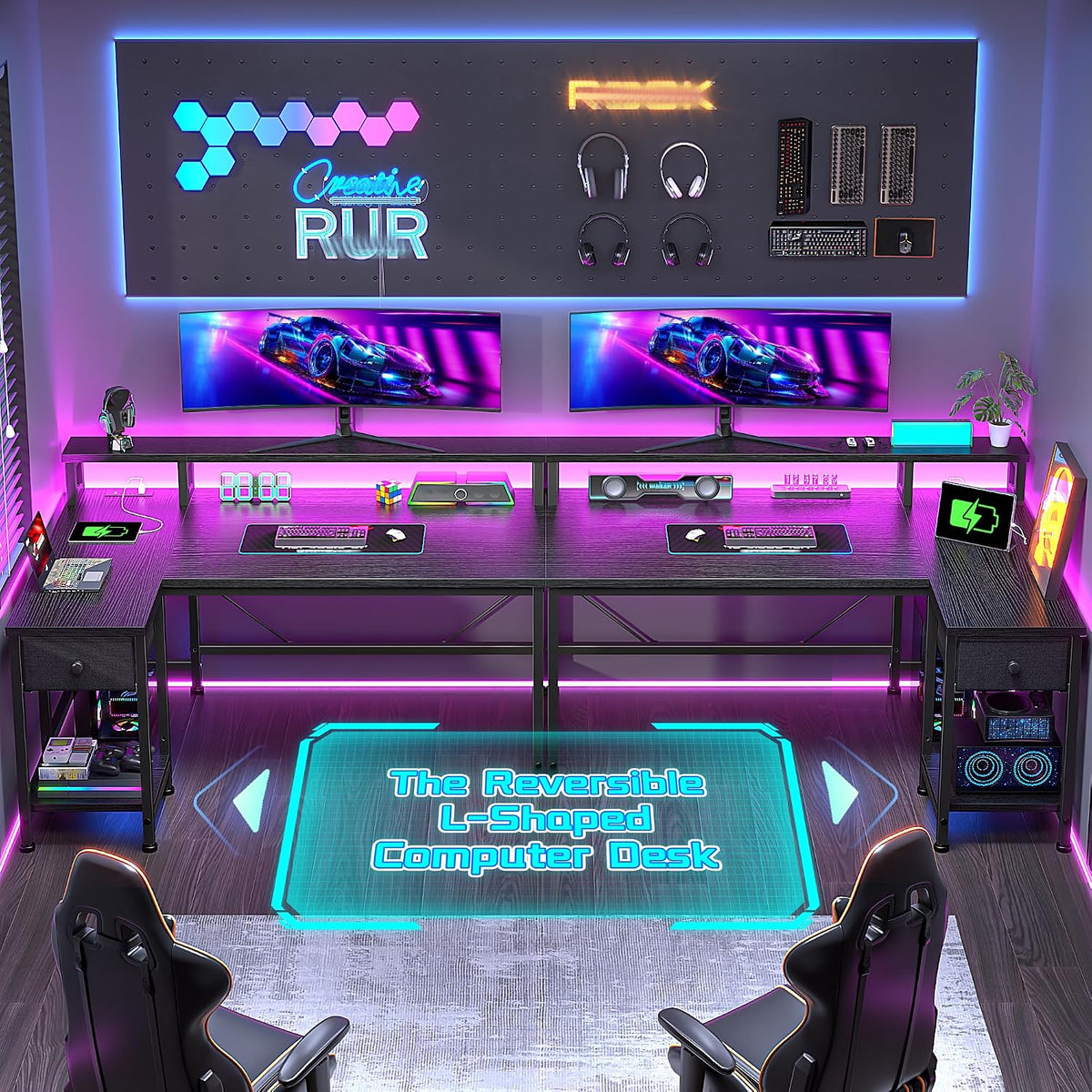DurayLoly 48' L- Shaped Gaming Desk with LED Lights & Power Outlet,Gaming Desk with Monitor Stand for Gamer,Home Office Desk with Drawer for Student Study Room,Bedroom,Small Working Room,Black