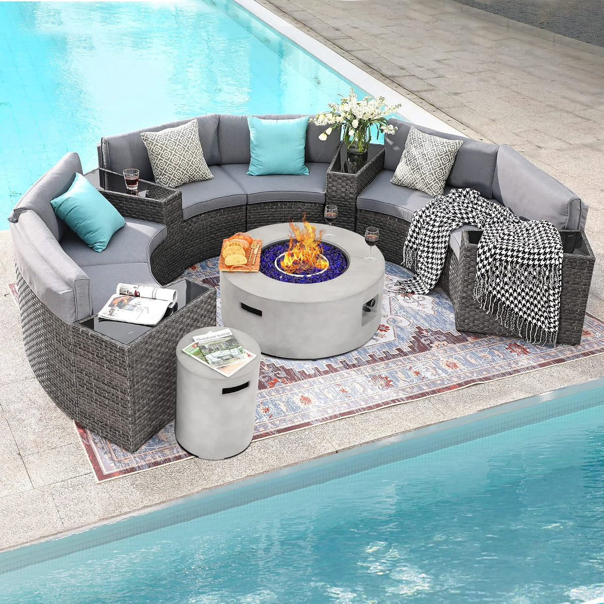 SUNSITT 12 Piece Patio Furniture Set with Propane Fire Pit Half-Moon Patio Set Outdoor Round Sectional Sofa with 36' Grey Gas Fire Table & Tank Holder, Grey Rattan