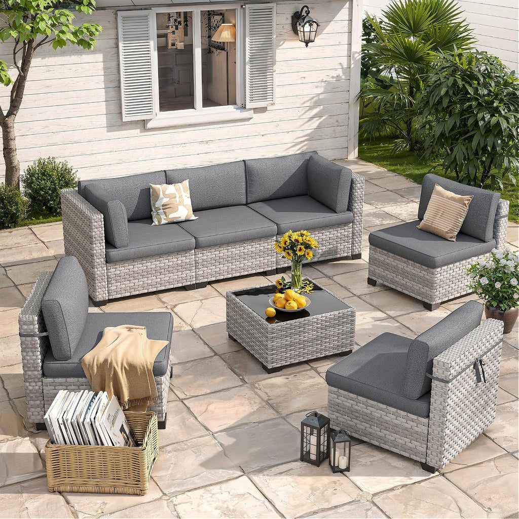 6-Piece Outdoor Patio Furniture Set, All-Weather Wicker Sectional Sofa with Deep Seating 4' Cushions, Heavy-Duty Steel Frame, Modular Rattan Couch for Backyard, Deck & Garden, Black