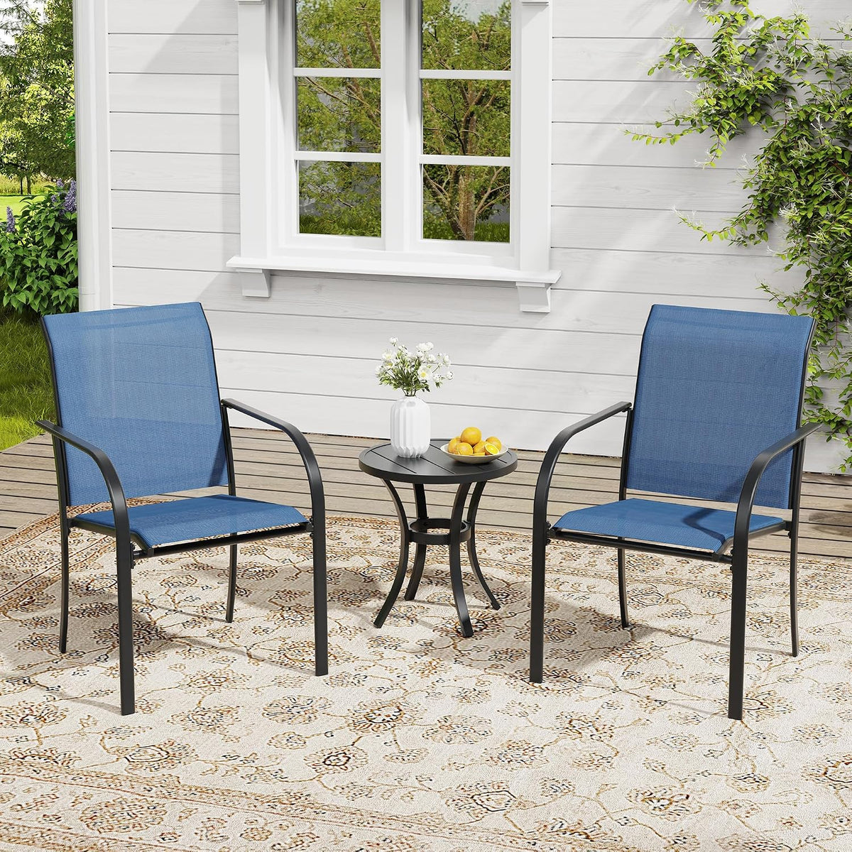 VICLLAX Outdoor Set for 2, Small Patio Table and Chairs Set of Stackable Patio Sling Chairs and Round Dining Table for Front Porch, Blue Fabric and Black Table