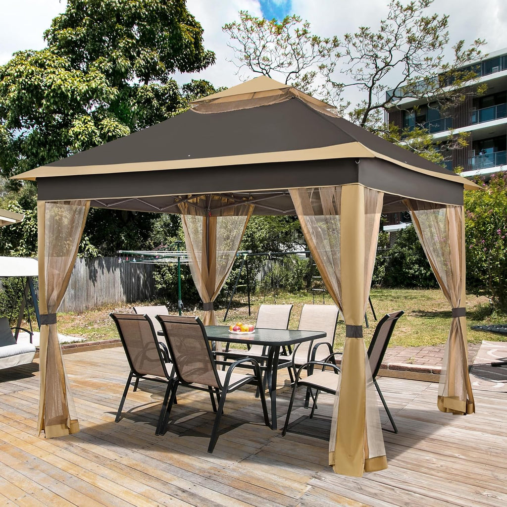 Yaheetech 11x11 Pop Up Gazebo Outdoor Canopy Shelter, Instant Patio Gazebo Sun Shade Canopy Tent with 4 Sandbags, 2 Tiers Roof & Mesh Netting for Lawn, Garden, Backyard & Deck, Brown
