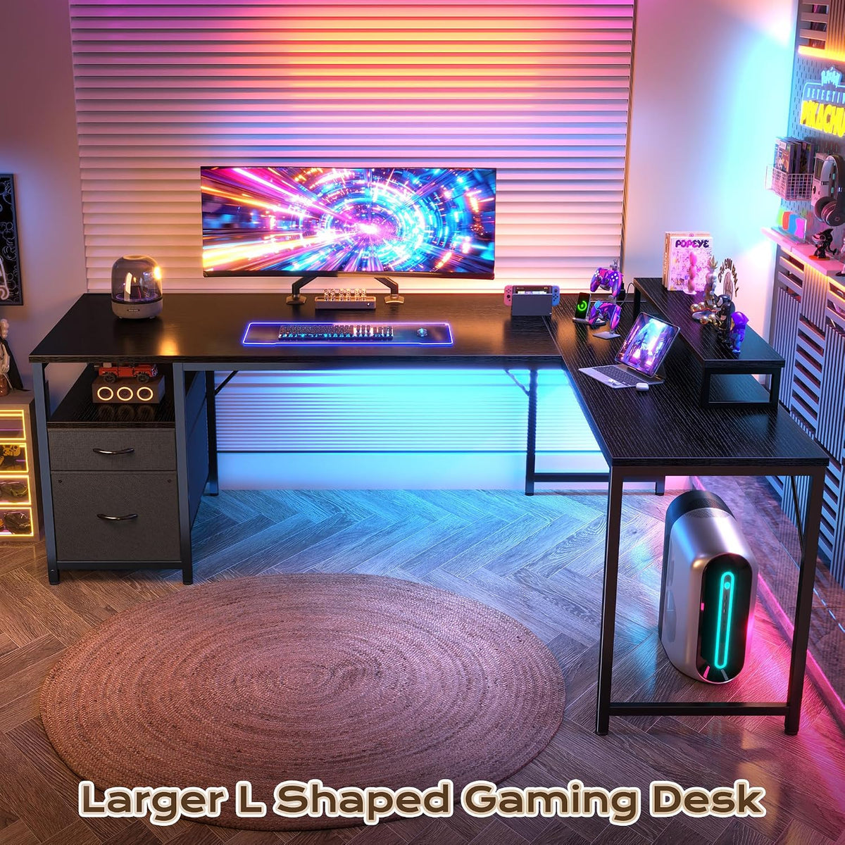 PRAISUN 63 Inch L Shaped Desk with Power Outlets and USB-C Port, Computer Corner Home Office Desk with File Fabric Drawers and Movable Monitor Stand, Larger Storage, Gaming, Writing, Work, Black