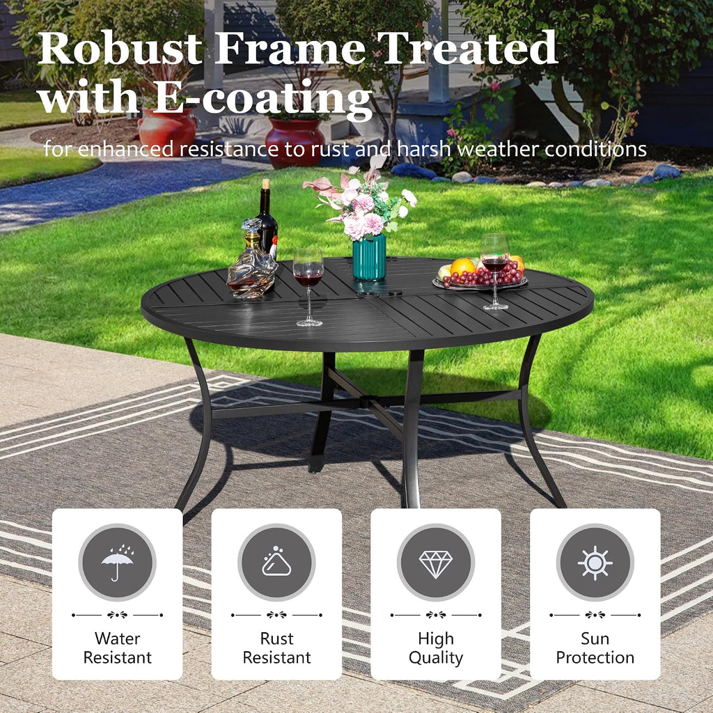 HERA'S HOUSE Round Patio Table and Chairs, 7 Pieces Outdoor Dining Set, All Weather Metal Patio Table Sets with Umbrella Hole, Brown
