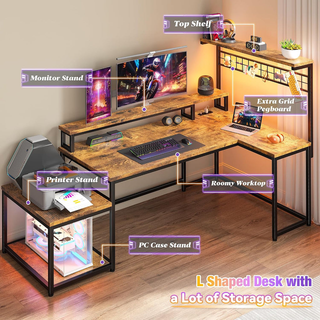 EnHomee 63' L Shaped Gaming Desk with LED Lights & Power Outlets,Reversible Corner Gaming Table with Storage Shelf & Hooks,Computer Desk with Monitor Stand & Print Stand for Home Office,Rustic Brown