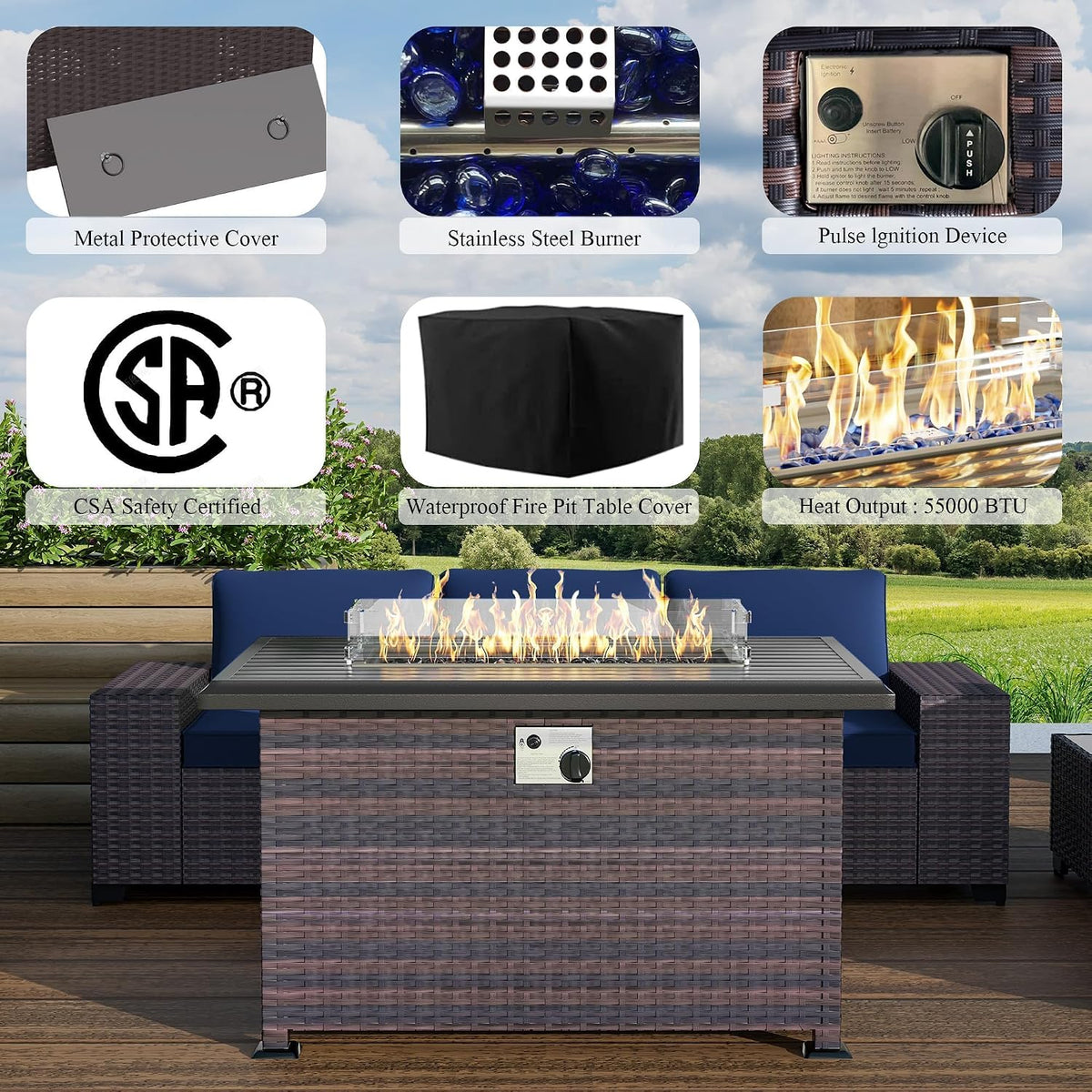 7 PCS Outdoor Patio Furniture Set,Outdoor Sectional Furniture with 43' 55000 BTU Gas Propane Fire Pit Table,All Weather PE Rattan Wicker Patio Conversation Set,Navy Blue