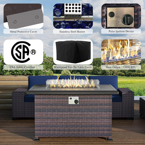 7 PCS Outdoor Patio Furniture Set,Outdoor Sectional Furniture with 43' 55000 BTU Gas Propane Fire Pit Table,All Weather PE Rattan Wicker Patio Conversation Set,Navy Blue