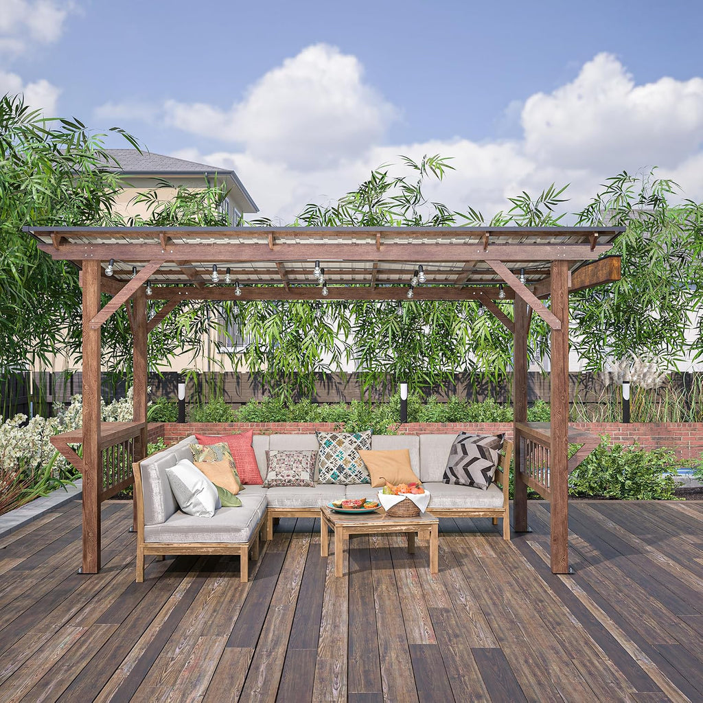 YOPTO 13x6.5 FT Outdoor Wooden Pergola Grill Gazebo with Metal Roof & Bulbs,Waterproof Garden Canopy W/Bar Counters,for Patio,Backyard,Swimming Pool,Brown