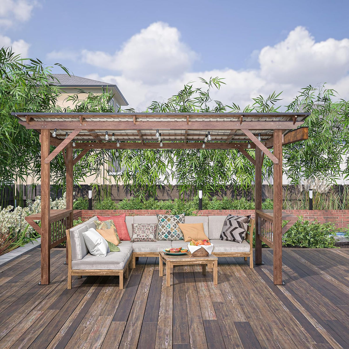 YOPTO 13x6.5 FT Outdoor Wooden Pergola Grill Gazebo with Metal Roof & Bulbs,Waterproof Garden Canopy W/Bar Counters,for Patio,Backyard,Swimming Pool,Brown