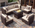 BULEXYARD 7 Pcs High Back Patio Furniture Set with Fire Pit Table Propane/Natural Gas Dual Fuel, All-Weather Outdoor Sectional Couch, Comfy Backyard Seating for Exterior, Brown Wicker & Beige Cushion