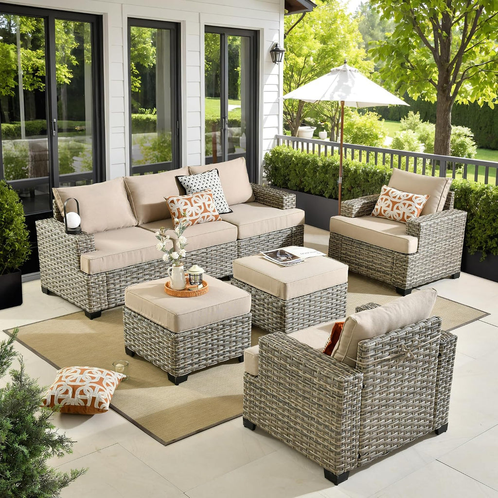 HOOOWOOO Outdoor Sectional Patio Furniture Set,7 Pieces Wicker Conversation Sets,Extra Deep Out Door Sofa Outside Furniture Couch with Ottoman,Beige