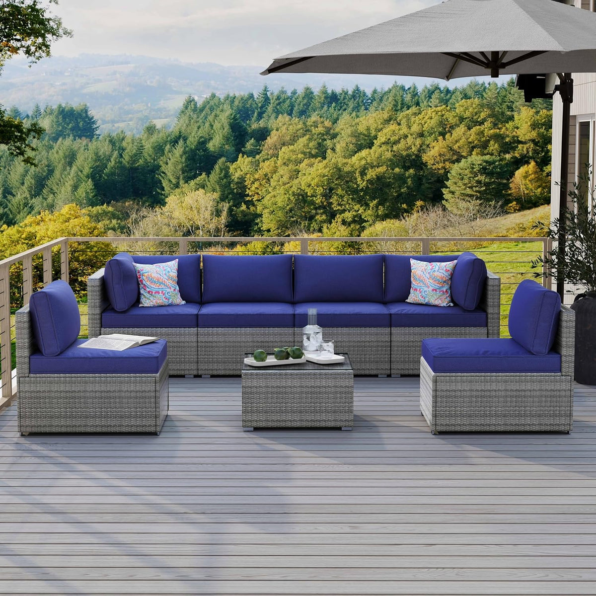 7-Piece Outdoor Patio Furniture Set – Handwoven All-Weather Rattan & 4' Thick Waterproof Cushions, Wicker Outdoor Conversation Sets with Coffee Table for Deck, Backyard, Garden, 2026, Blue/Grey