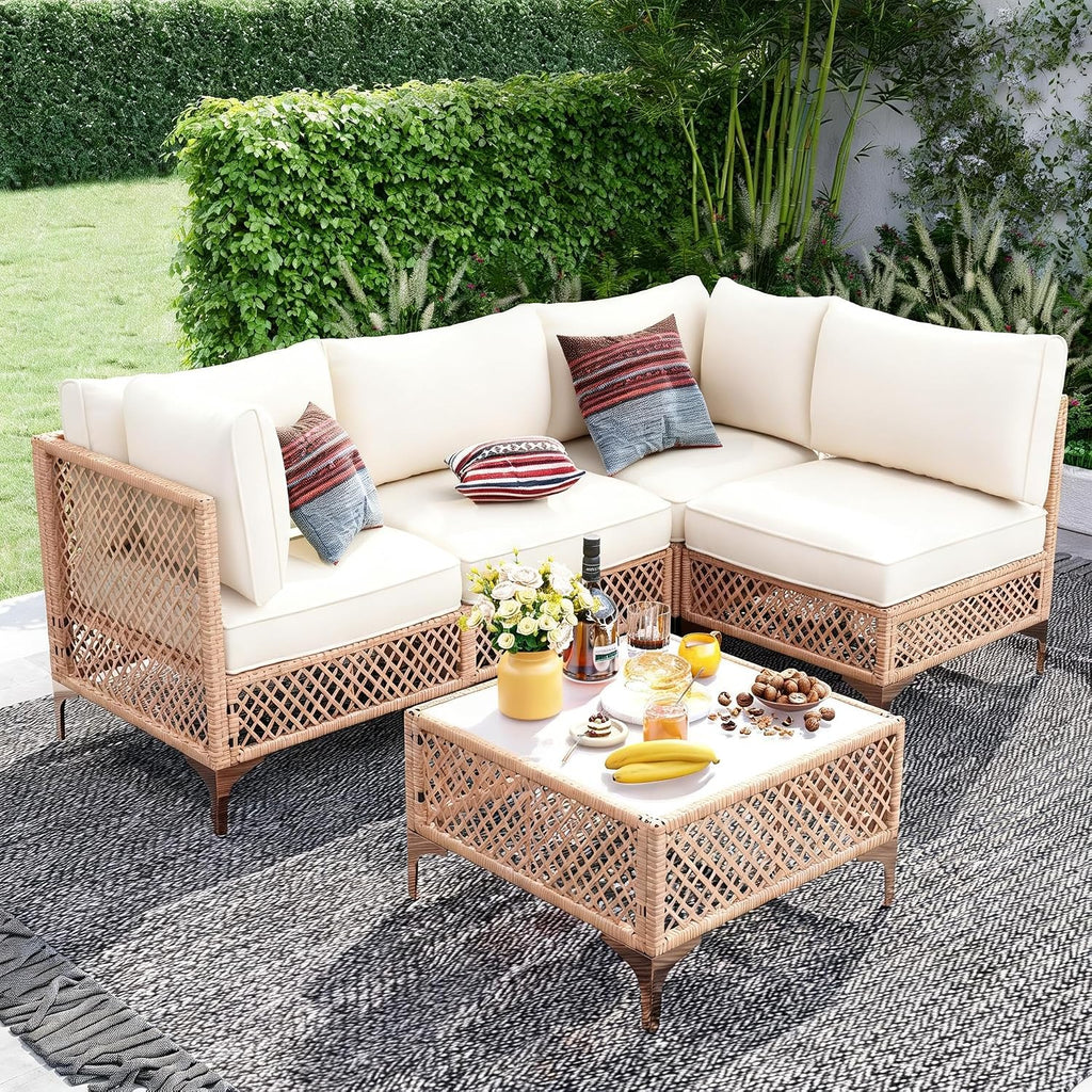 5-Piece Generous Patio Furniture Set, Wicker Outdoor Sectional Set with Large Tempered Glass Coffee Table, Boho Patio Conversation Couch Set with Thickened and Enlarged Cushion and Throw Cushion