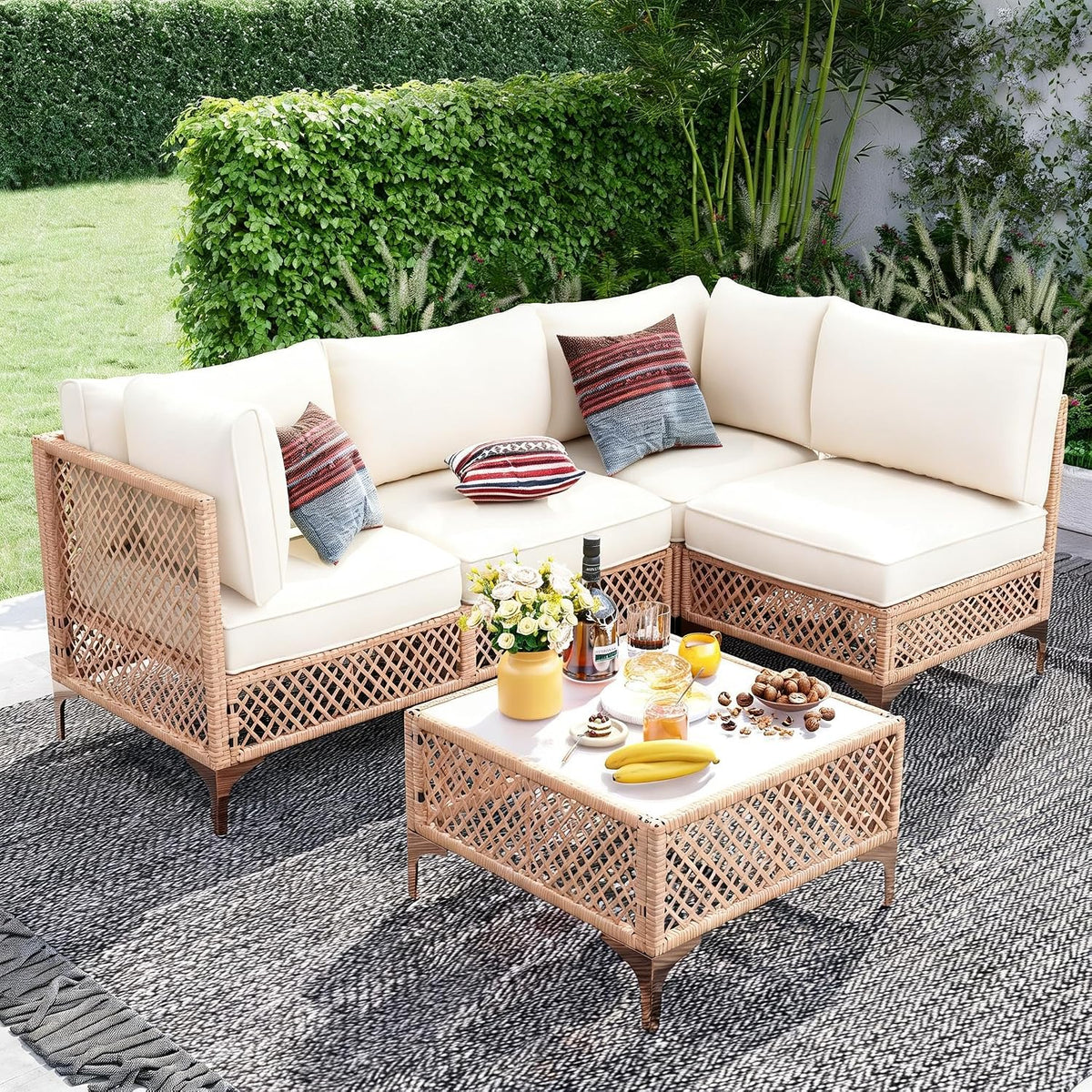 5-Piece Generous Patio Furniture Set, Wicker Outdoor Sectional Set with Large Tempered Glass Coffee Table, Boho Patio Conversation Couch Set with Thickened and Enlarged Cushion and Throw Cushion