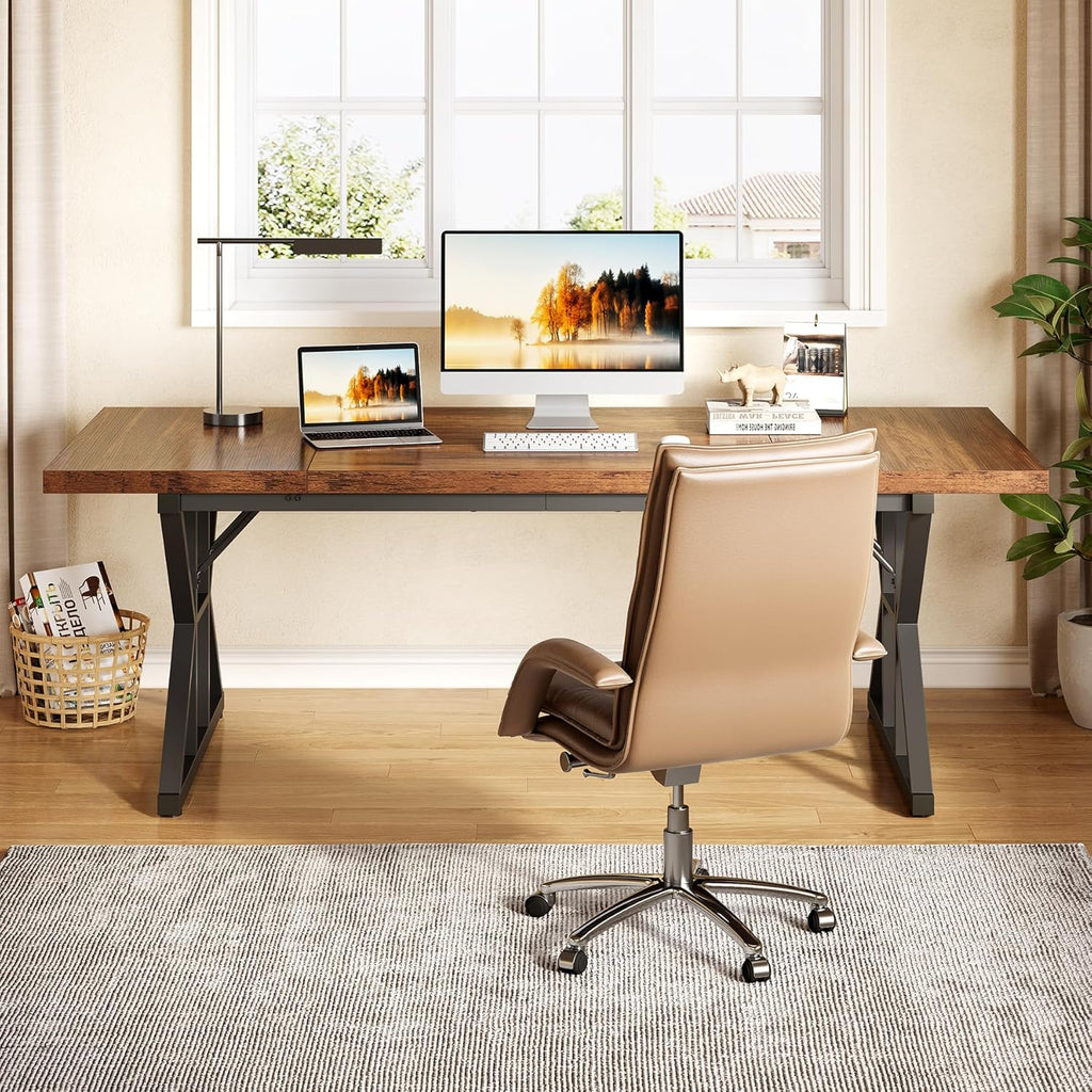 LITTLE TREE 70.8-Inch Office Desk, Wooden Executive Office Desk, Modern Work Desk, Large Farmhouse Writing Table Computer Desk for Home, Brown-Black