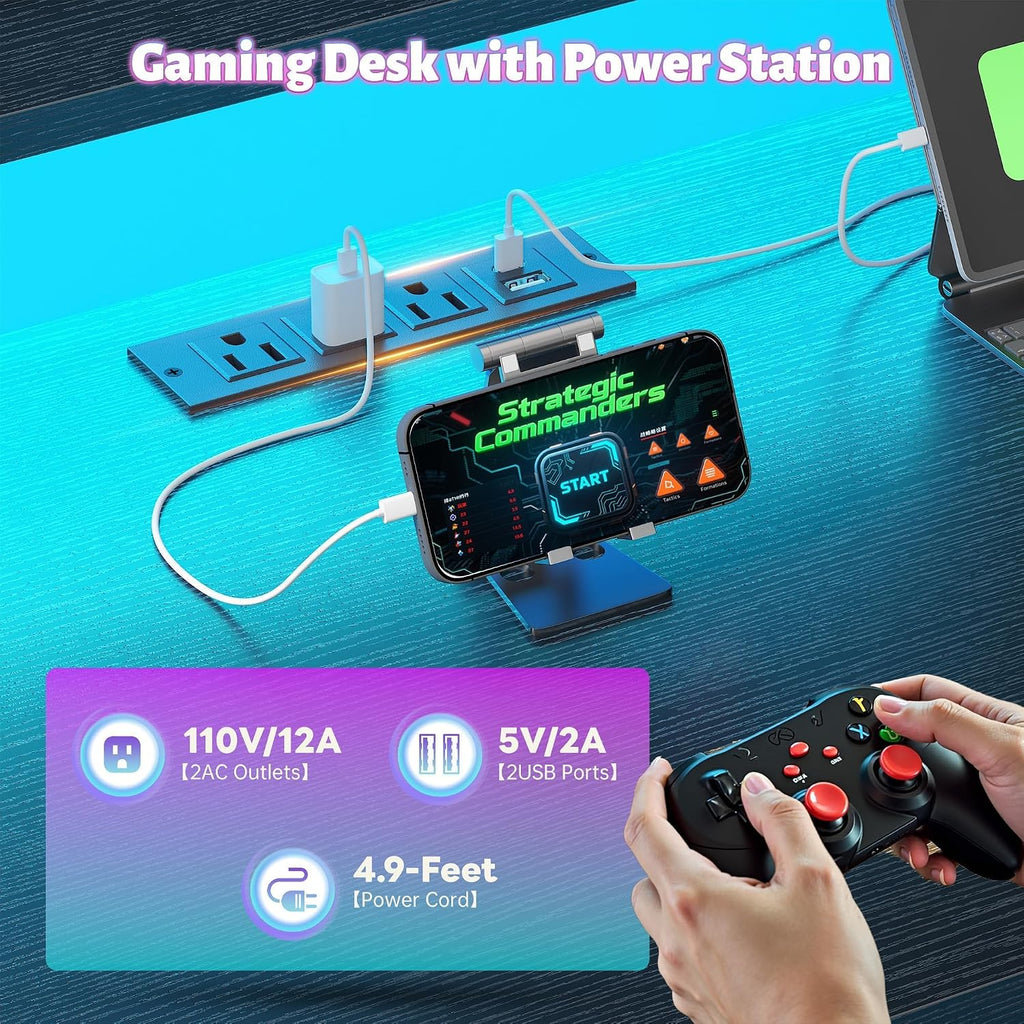 EnHomee 53 inch L Shaped Gaming Desk with LED Lights & Power Outlets, Reversible Corner Desk with Monitor Stand, Computer Desk with Shelf and Drawers for Home Office Writing, Study & Gaming, Black