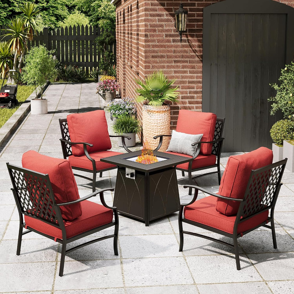 MIXPATIO Patio Furniture Set with Fire Pit Table, 5 Pcs Metal Outdoor Conversation Set, 4 Single Chairs with 5.75' Extra Thick Cushion and 28' Fire Pit Table for Backyard Deck, Red