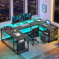DWVO U Shaped Desk with Drawers, 79' Reversible L Shaped Desk with Power Outlets & LED Lights, Corner Computer Desk with Monitor Stand & Storage Shelves, Grey