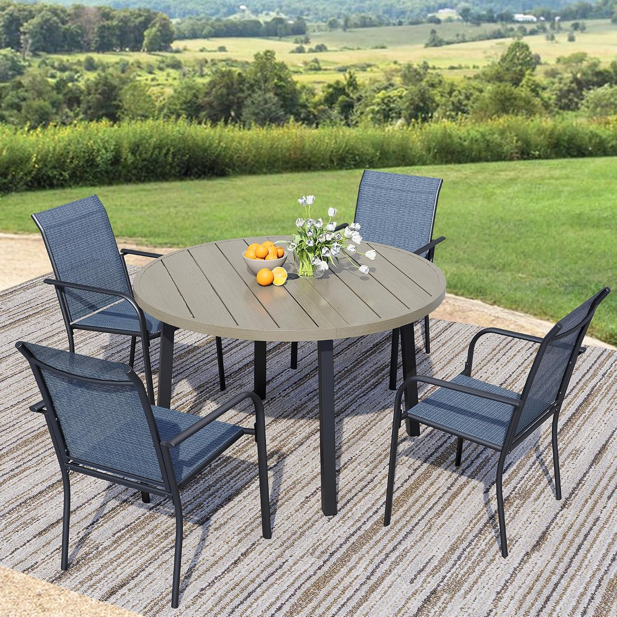 5-Piece Patio Furniture Set, Patio Table and Chairs Set of 4, Ivory Round Patio Table and Light Blue Chairs, Patio Furniture Set for Garden, Yard, Patio