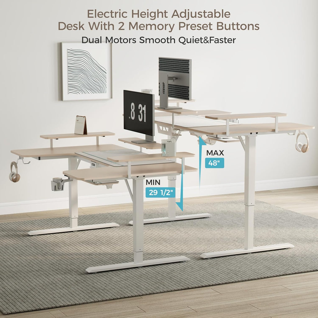 EUREKA ERGONOMIC Gaming Standing Desk with Keyboard Tray,74' U Shaped Studio Desk for Recording&Live,Electric Height Adjustable Desk w LED Convertible Shelves,Maple