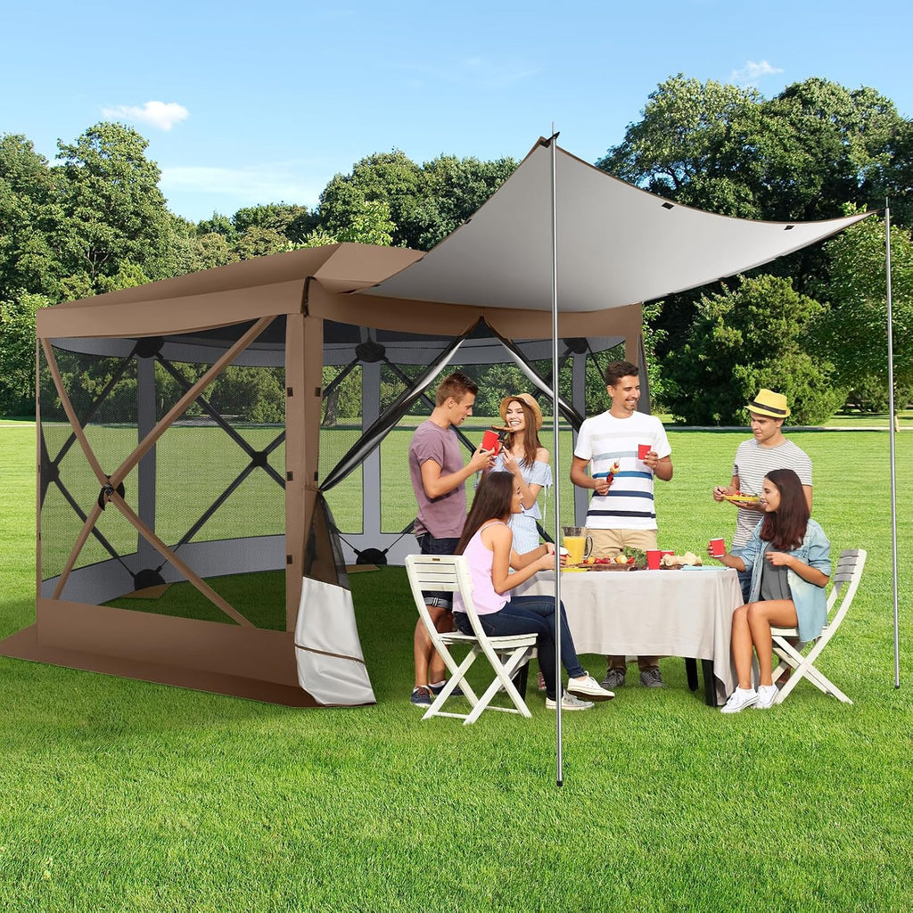 COBIZI 12x12 FT Pop Up Canopy Extendable Tent, Gazebos On Clearance, Screened in Gazebo,Screen Tents Portable carpas para Patio for Outdoor Camping,Backyard, Garden, Brown(Upgraded)
