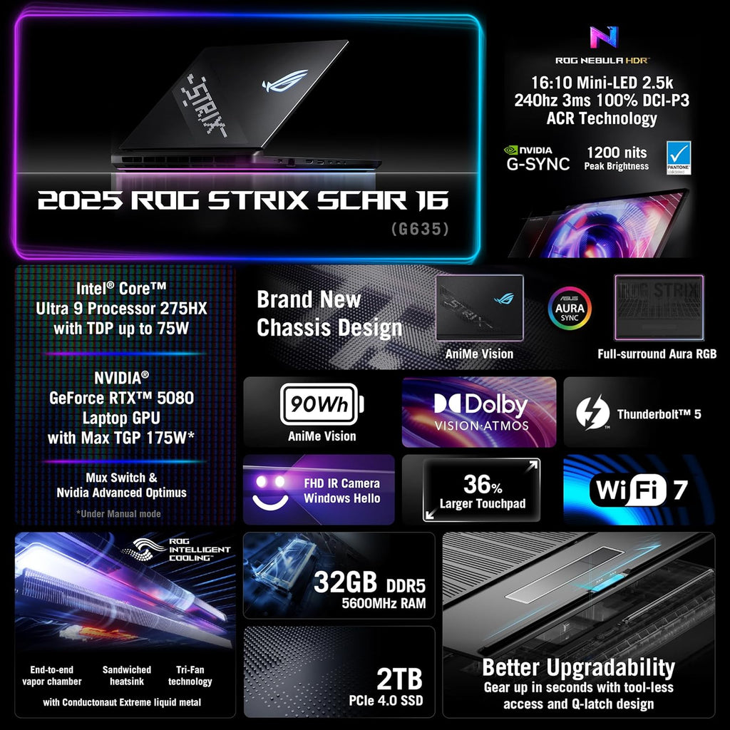 ASUS ROG Strix SCAR 16 (2025) Gaming Laptop, 16' ROG Nebula HDR 16:10 2.5K 240Hz/3ms, NVIDIA GeForce RTX 5080, Intel Core Ultra 9 275HX, 32GB DDR5, 2TB PCIe Gen 4 SSD, Wi-Fi 7, Win 11 Pro, G635LW-XS97