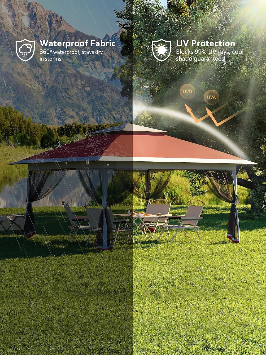 Garvee 13x13 ft Pop Up Gazebo,Canopy Tent with Mosquito Netting,Outdoor Patio Gazebo,Backyard Tent for Party,Wedding,Outdoor Dining(Red+Light Grey)