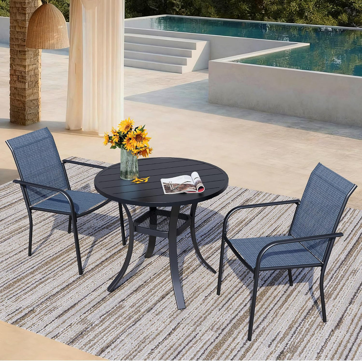 3 Piece Outdoor Dining Set, Patio Table and Chairs Set of 2, 27.6' Black Round Patio Table with 2 Blue Stackable Patio Chairs for Lawn, Garden, Porch