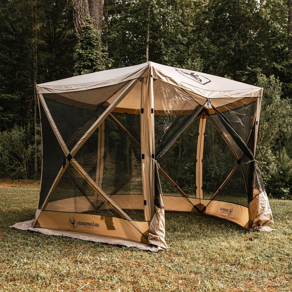 Gazelle Tents™, G5 5-Sided Portable Gazebo, Easy Pop-Up Hub Screen Tent, Durable, TriTech Mesh, Waterproof, UV Resistant, 4-Person & Table, Desert Sand, 85' x 115' x 106', GG502DS