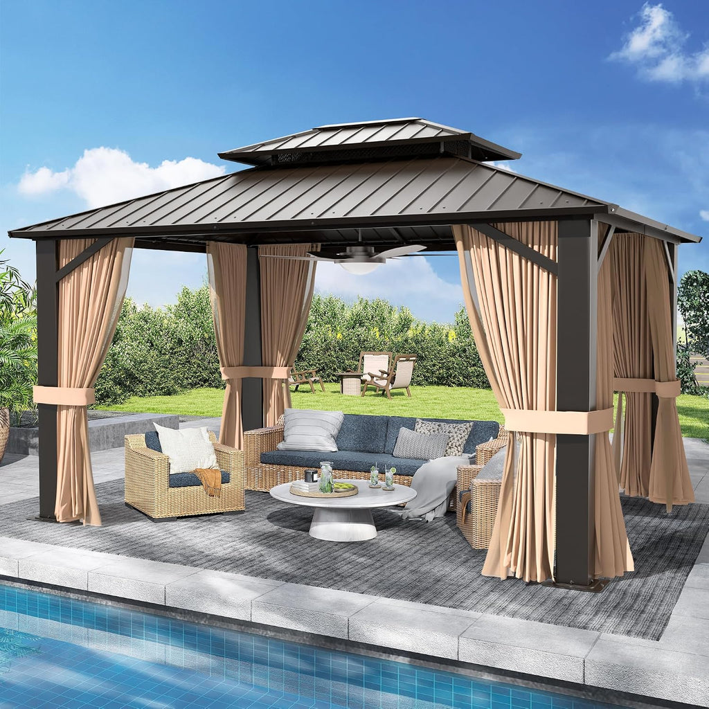 10'x12' Hardtop Gazebo, Galvanized Steel Double Roof Canopy with Aluminum Frame, Outdoor Pavilion with Nettings and Curtains