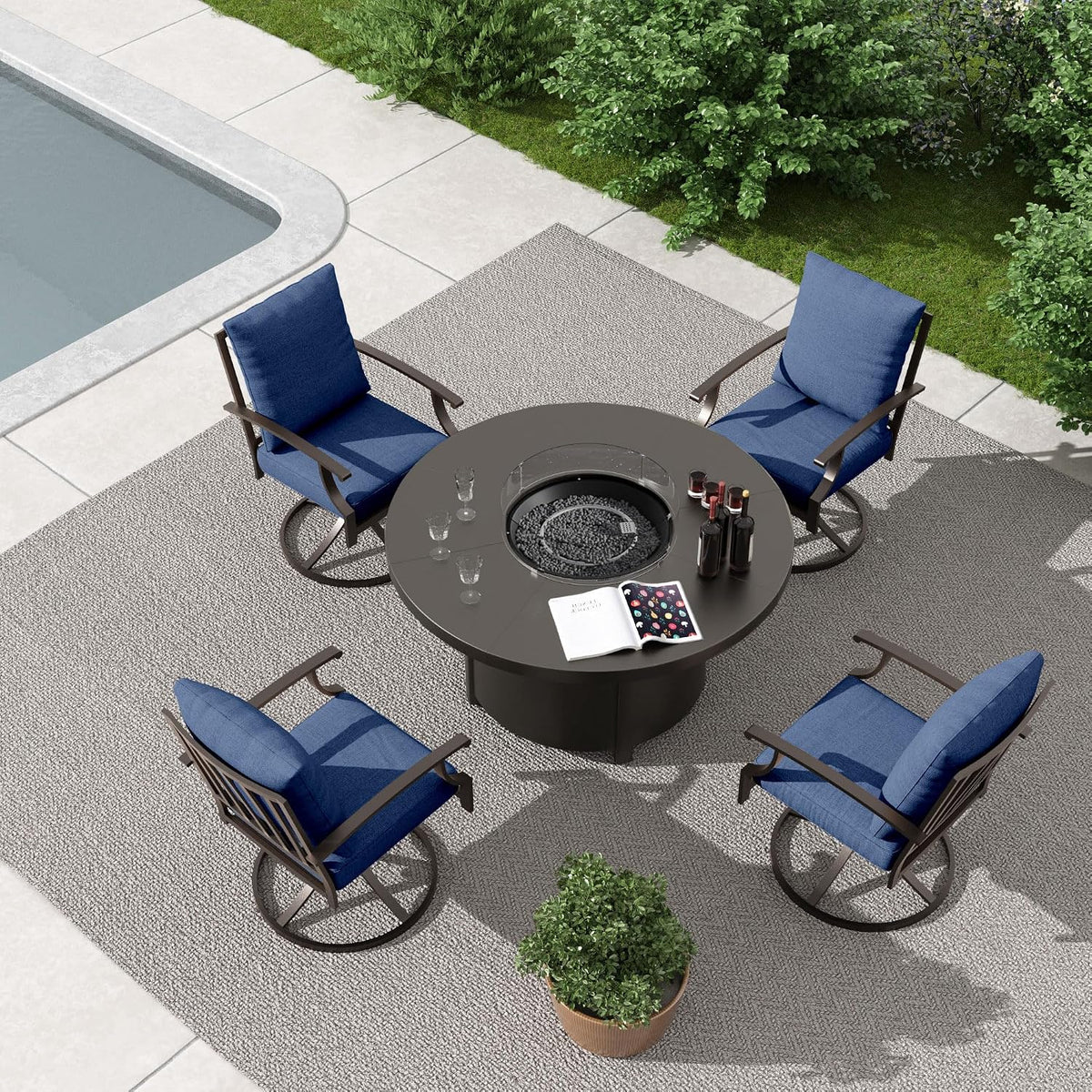 5 Piece Metal Outdoor Patio Furniture Set with 48'/55000 BTU Round Fire Pit Table,Outdoor Dining Table Set 4 Swivel Chairs No-Slip Cushions and Waterproof Covers,Navy