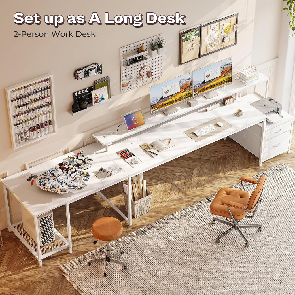 PRAISUN 66' L Shaped Gaming Desk with LED Lights & Power Outlets, Computer Desk with Fabric Drawers and Print Stand, Corner Office Desk, Monitor Stand, Mesh CPU Stand, White
