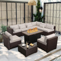 Lviden 10 Pieces Wicker Patio Furniture Set Outdoor PE Rattan Sectional Conversation Sofa Set with Non-Slip Cushions and 45' Fire Pit Table, Beige